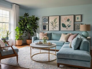 Fototapeta premium Serene Living Room Decor With Pastel Tones and Lush Greenery