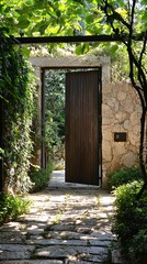 Serene Entrance to a Garden Path Surrounded by Lush Greenery