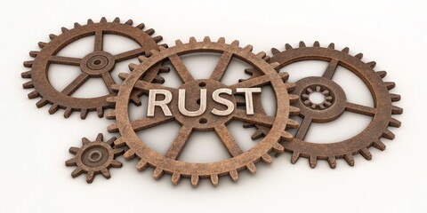 Rusty Gears Interlocking Cogs Displaying Rust Text, 3D Render, Programming Language, Gear System Programming Language, 3D Rendering