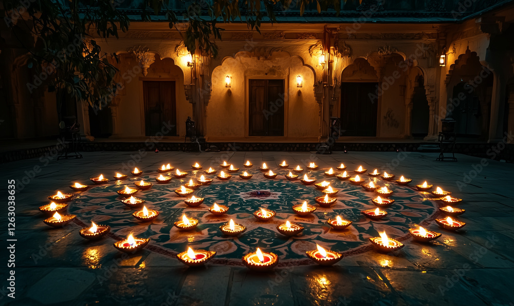 Poster a serene courtyard illuminated by numerous oil lamps in a circular pattern, creating a warm atmosphe