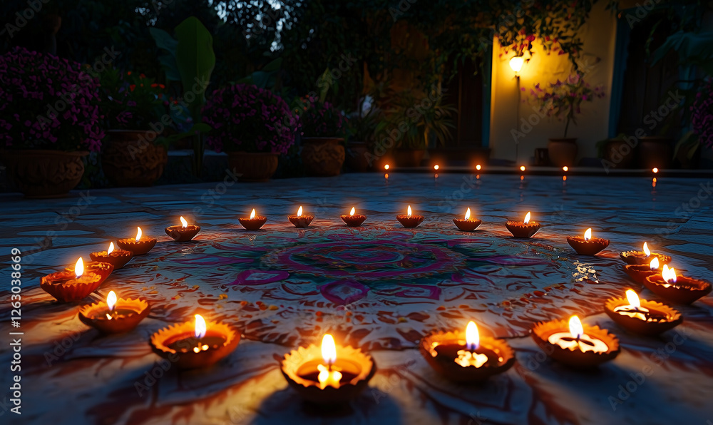 Poster a serene display of illuminated oil lamps arranged in a circular pattern, creating a tranquil ambian