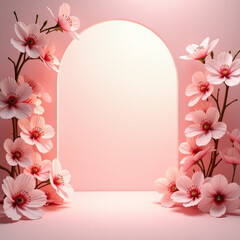 Elegant arch decorated with pink cherry blossoms on a soft pink background. Romantic floral composition, perfect for invitations, greeting cards, and wedding designs.