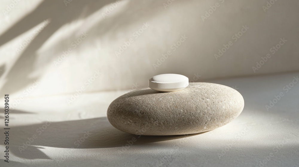 Poster smooth stone with white round object on soft surface in natural light