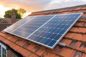 Naklejka premium Solar Panel Installation on Roof at Sunset with Orange Sky and Cloudy Atmosphere for Renewable Energy Concept