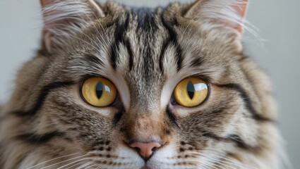 Close up of face of tabby cat with yellow eyes