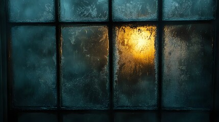 A frosty window pane, showing a warm glow from behind the glass, Winter's embrace. Frosty Window Pane, A Warm Glow Through Winter's Embrace detailed texture background.