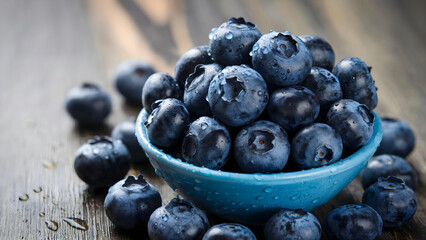 Fresh blueberries in a blue ceramic bowl with water droplets on the wooden surface - a macro photograph that highlights the naturalness, rich color and juiciness of summer berries