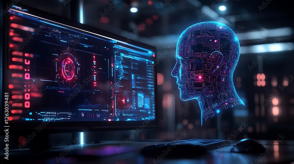 Poster ai head, futuristic digital interface on computer screen.