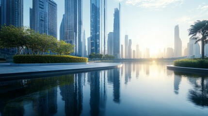 Stunning Cityscape Reflection at Sunrise with Skyscrapers and Water