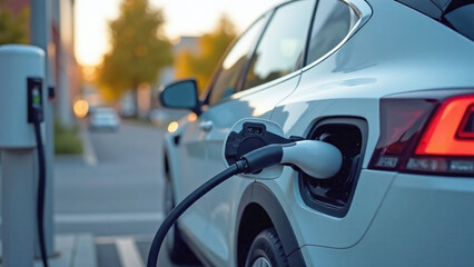 Fototapeta premium Sleek electric car plugged into charging station at sunset, reflecting modern automotive design. Sustainable transportation concept