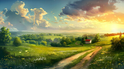 Obraz premium Serene countryside landscape at sunset with a winding path, lush fields, and a cozy cottage