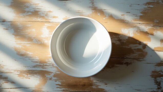 A plain white ceramic bowl, placed on a rustic wooden table with subtle natural lighting.