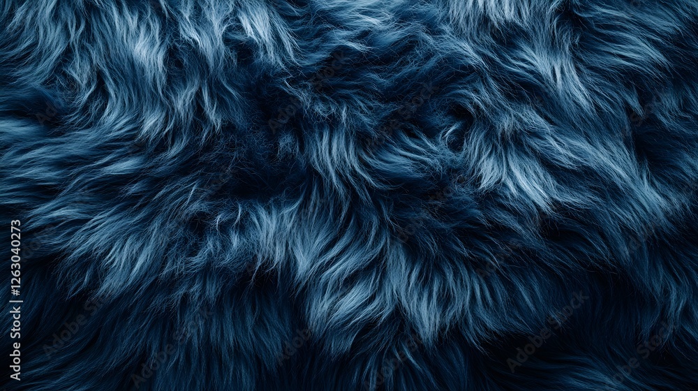 Poster close-up shot of a deep blue fur texture. soft, fluffy, and luxurious. ideal background for design. 