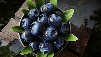 Large fresh blueberries with drops of water in a metal bowl on a wooden deck by the water, surrounded by green leaves, create an atmosphere of natural freshness and naturalness