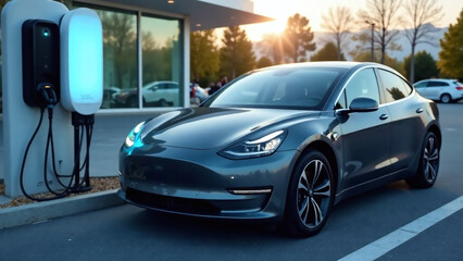 Naklejka premium Sleek electric car plugged into charging station at sunset, reflecting modern automotive design. Sustainable transportation concept