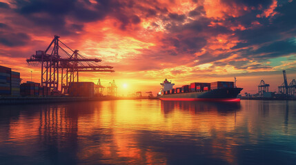 Container truck in ship port for business Logistics and transportation of Container Cargo ship and Cargo plane with working crane bridge in shipyard at sunrise, logistic import export and transport