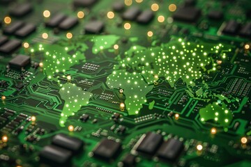 Obraz premium Digital World Map with Circuit Board Background and Bokeh Lights Representing Global Connectivity and Technology