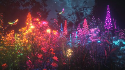 Fototapeta premium Glowing flowers and fireflies at night.