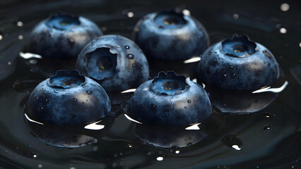 Fresh blueberries with water droplets float in clear water, creating a spectacular reflection and emphasizing their juiciness, naturalness and health benefits in a gloomy macro shot