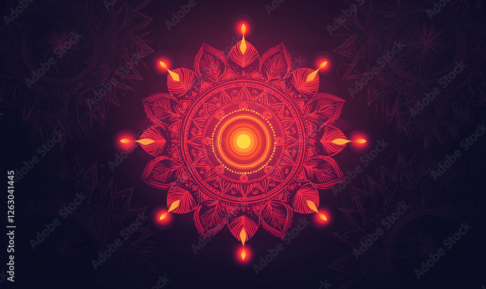 Poster vibrant mandala design with intricate patterns and glowing elements on a dark background.