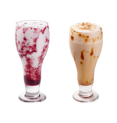 two glasses of creamy strawberry and peanut milkshake isolated on transparent background