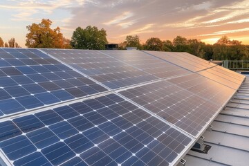 Sunset Reflections on Solar Panels in Urban Setting with Vibrant Sky and Green Trees in the Background