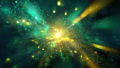 Obraz premium vibrant explosion of golden and green light rays with dynamic bokeh, abstract energy burst, futuristic digital background