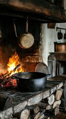Rustic Fireplace Cooking Scene With Cast Iron Pots