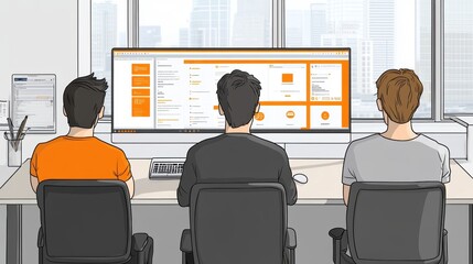 Three Men Collaborating at a Modern Office Workspace with Large Digital Monitor Displaying Data