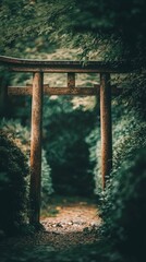 Naklejka premium Serene Pathway Through Torii Gate Surrounded by Lush Greenery