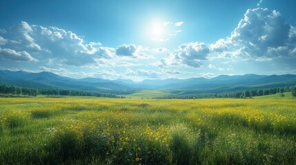 Obraz premium Sunny Meadow Landscape With Distant Mountains