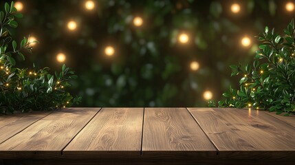 Rustic Wooden Table with Festive Greenery and Warm Lights Background