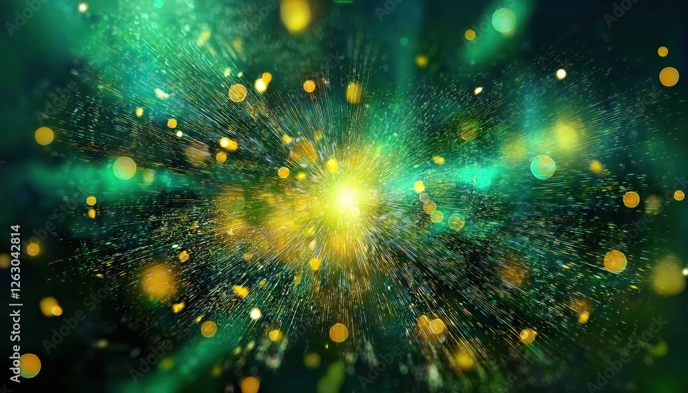 Poster vibrant explosion of golden and green light rays with dynamic bokeh, abstract energy burst, futurist
