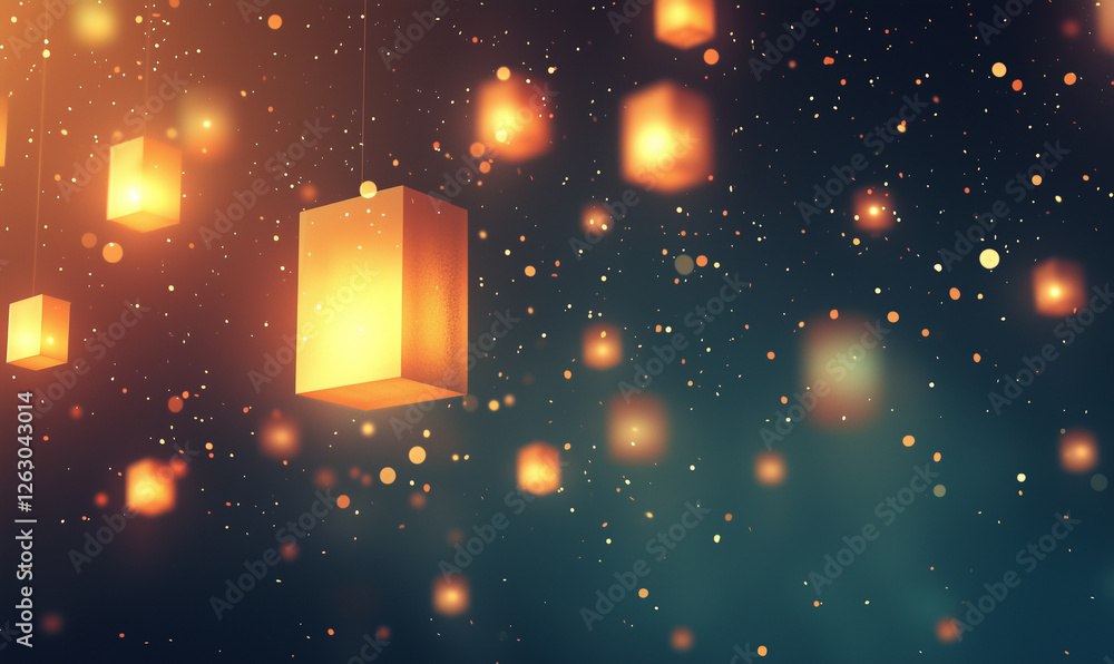 Poster floating lanterns illuminate a starry night, creating a magical atmosphere of wonder and serenity.