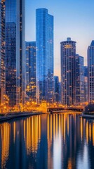 Stunning Urban Skyline Reflection at Dusk in Modern City Setting
