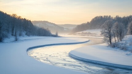 Serene Winter Landscape with Curving River and Snowy Banks
