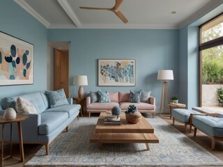 Fototapeta premium Serene Blue Living Room With Modern Artwork And Furniture