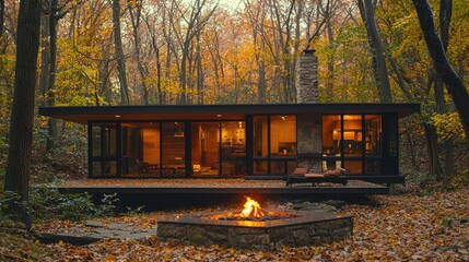 Modern Cabin Autumn Forest Fire Pit Retreat