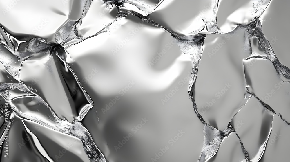 Poster close-up of a fractured silver surface showcasing abstract patterns and reflections. metallic textur