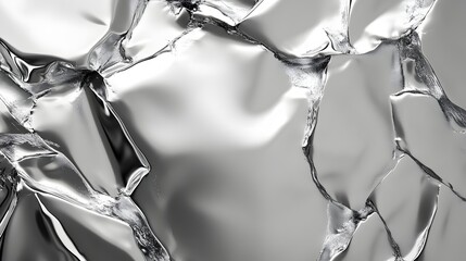 Close-up of a fractured silver surface showcasing abstract patterns and reflections. Metallic texture in grayscale. Glistening Chrome Detailed texture background. Abstract Silver Fractured Surface