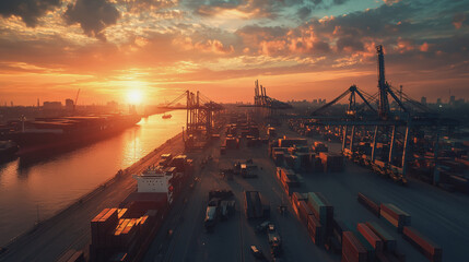 Container truck in ship port for business Logistics and transportation of Container Cargo ship and Cargo plane with working crane bridge in shipyard at sunrise, logistic import export and transport

