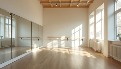Bright Dance Studio with Mirrors and Wooden Bar