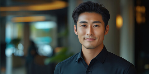 Fototapeta premium Portrait of a handsome 27-year-old Asian businessman standing confidently in the office lobby on the right. Concept of company management, business, entrepreneurship