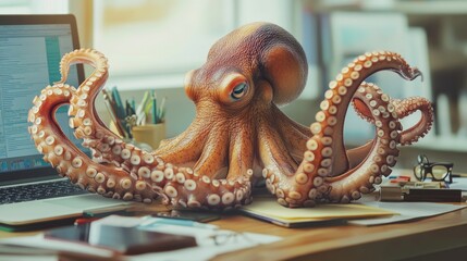 Obraz premium Octopus Multitasking With Laptop. Creative, Flexible Worker Concept.