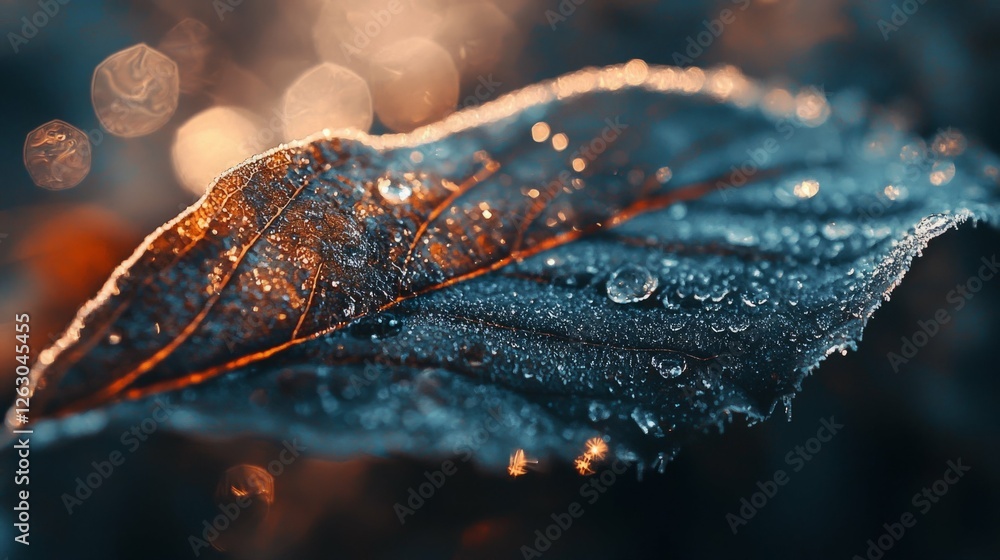 Poster close-up of dewy leaf with soft glowing background and bokeh effect