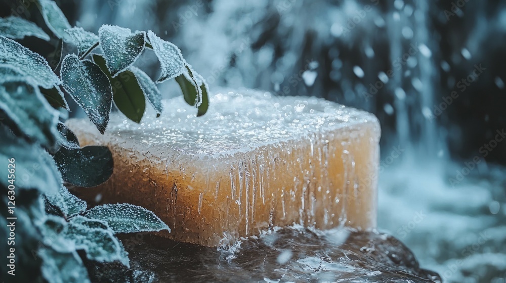 Poster ice block with waterfall and leaves in a serene natural setting