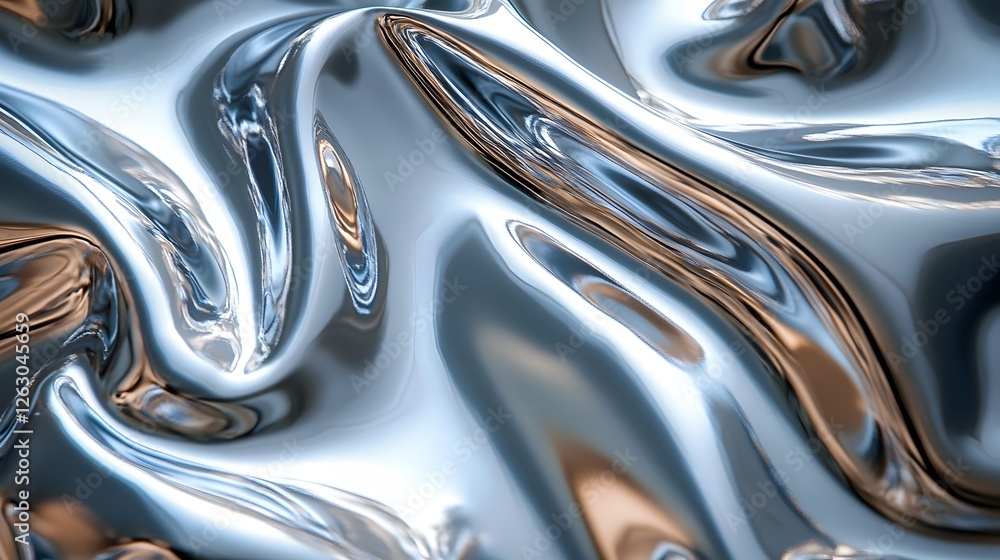 Poster abstract image of a liquid metal surface. shiny chrome texture with dynamic waves. glistening chrome