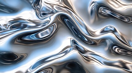 Abstract digital art depicting a flowing liquid metal with silver and blue hues. Shiny, reflective texture. Glistening Chrome Detailed texture background. Abstract Liquid Metal