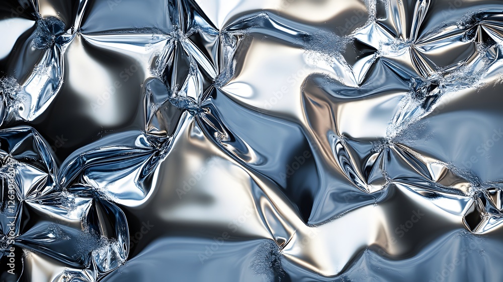 Poster A captivating image of a crumpled metallic surface, showcasing a play of light and shadows on its reflective texture. Abstract art. Glistening Chrome Detailed texture background. Abstract Chromatic