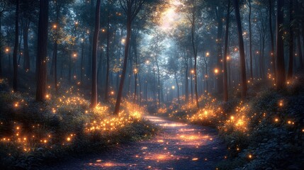 Obraz premium Enchanting Forest Path Illuminated By Glowing Lights